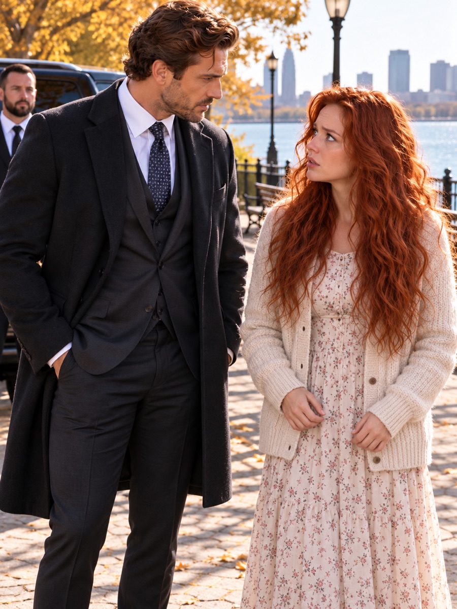 Two adults speaking on an autumn riverside walkway, with no children shown.